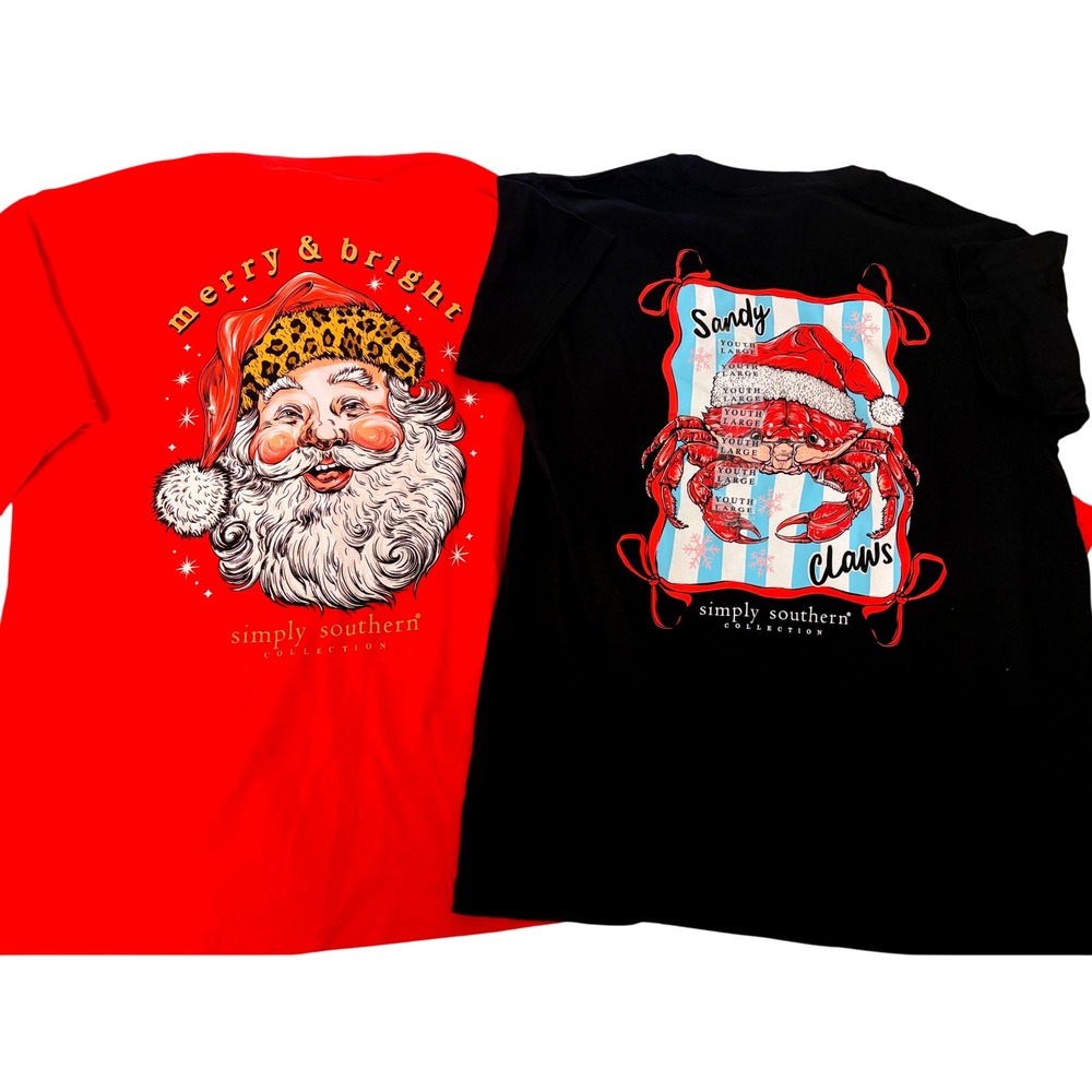 Simply Southern Christmas Shirt 2 Bundle YL Red Black Holiday, Santa, Crab, New